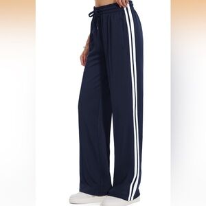 NAVY BLUE Wide-Leg Track Pants with White Side Stripes